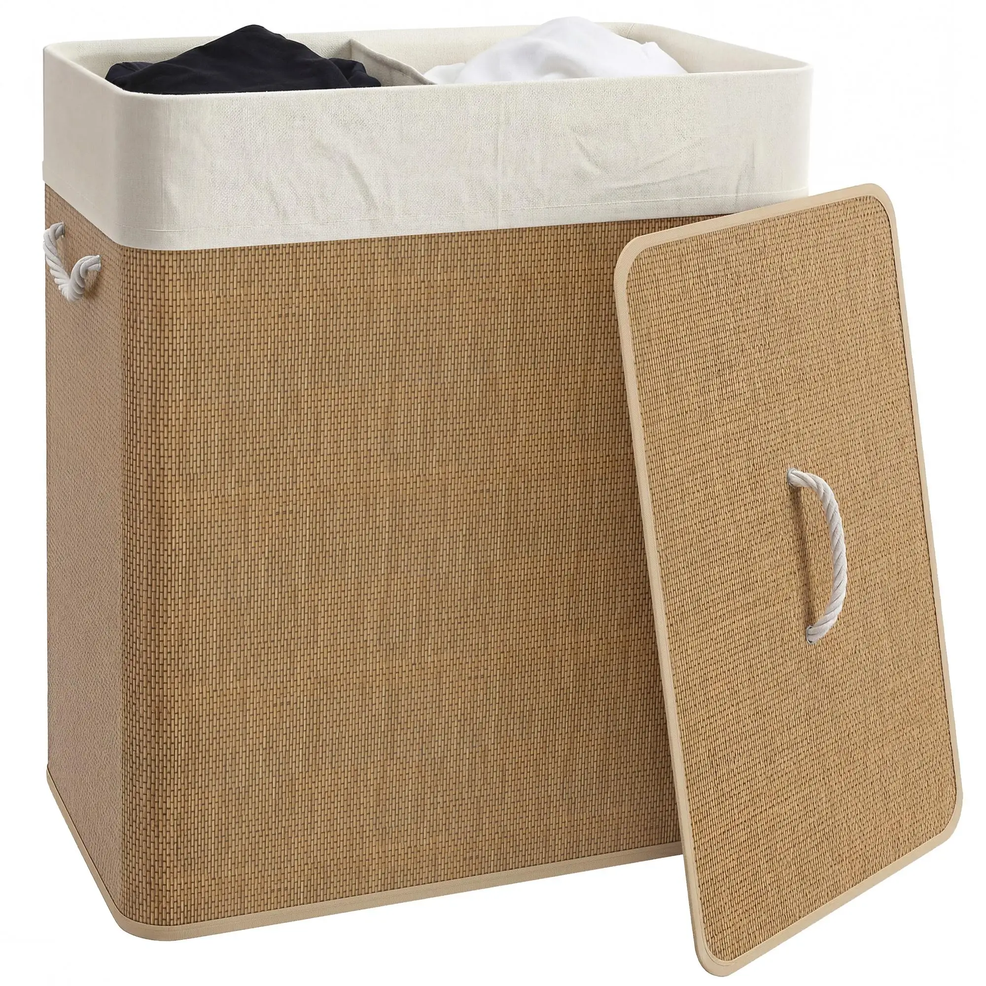 Panier à linge en bambou 100 L avec couvercle, poignées en corde et sac amovible lavable, avec 2 ventilateurs à main