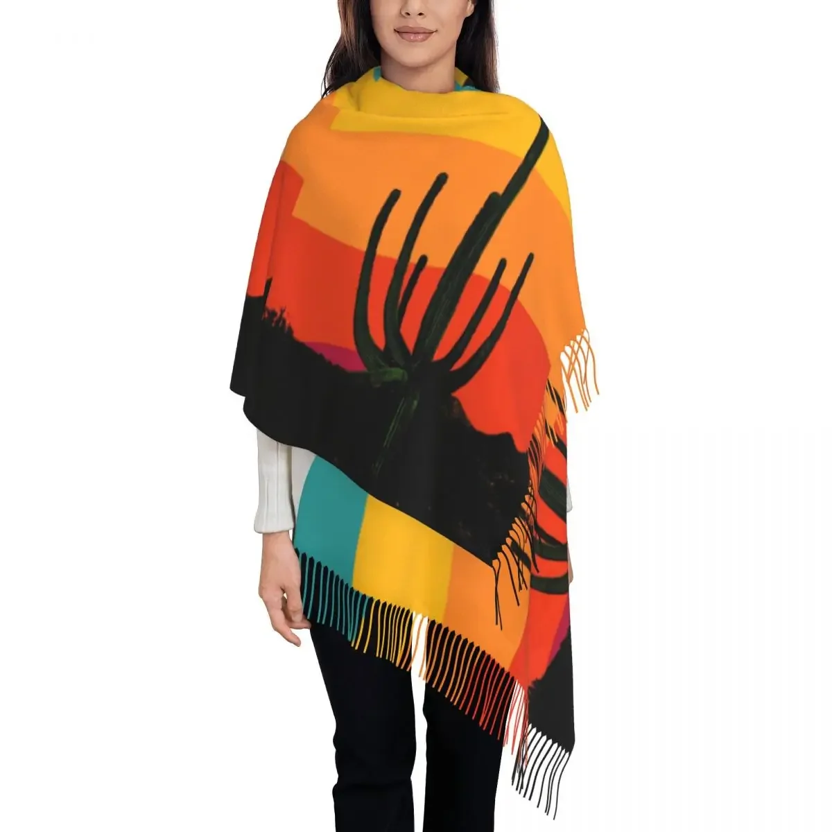 Ladies Scarf Warm Soft Cartoon Desert Head Scarves with Tassel Retro Cactus Sunset Casual Shawl Wrap Winter Design Bufanda Mujer