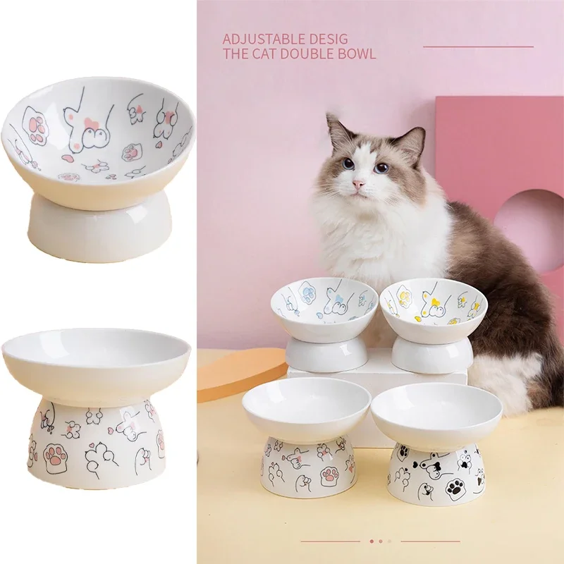 Cat Bowl Ceramic Pet Food Water Container Cat Food Protects Cervical Vertebra Oblique Opening Pet High Foot Bowl Cat Supplies