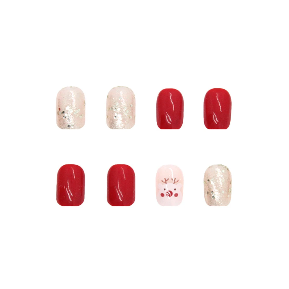 24pcs Christmas False Nail Wine Red Deers Pattern Nail with Sliver Glitter for Family Celebrating Festivals