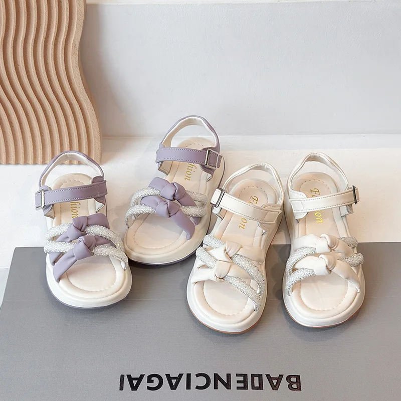 

Kids'Casual Shoes Sandals Bow Beach PU Leather Spring Shoes For Girls Elastic band Anti-slip Purple Beige Shoes Size 26-37