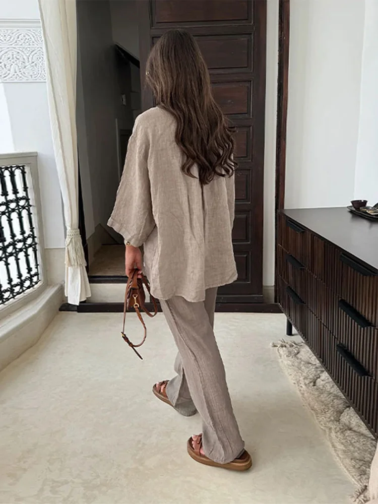 Chemise à Manches sulfet Pantalon à Jambes Larges pour Femme, Couleur Unie, Trempé, Chic, Revers, Simple Boutonnage, High Street, Été 2024