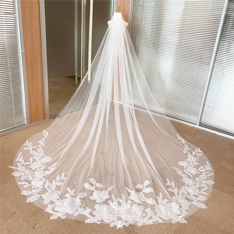 Large Flowers Bridal Veils Cathedral Long With Comb Wedding Accessories For Brides White Tulle Floral Outdoor Uniques 3 Metres