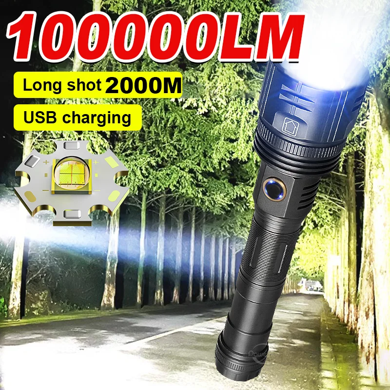 

100000LM Ultra Bright Flashlights High Power LED Flashlight Rechargeable Tactical Torch Long Shot 2000M Outdoor Camping Lantern