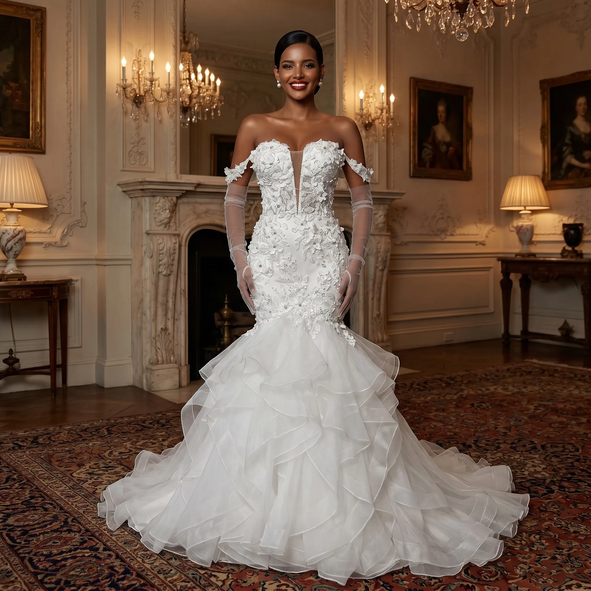 

Lace A-Line Wedding Dress Floral Appliques Sparkly Tulle Skirt Sweep Train Bridal Gown Custom Ivory Vestido De NoviaOff-the-Shou