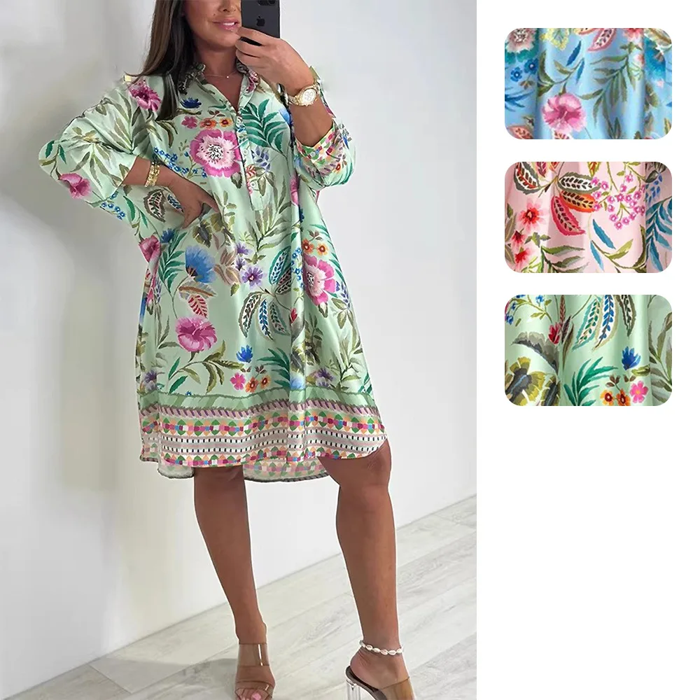 Women Loose Long Sleeve Printed Round Neck Midi Dress Casual Loungewear Dresses Spring Summer Matching Set