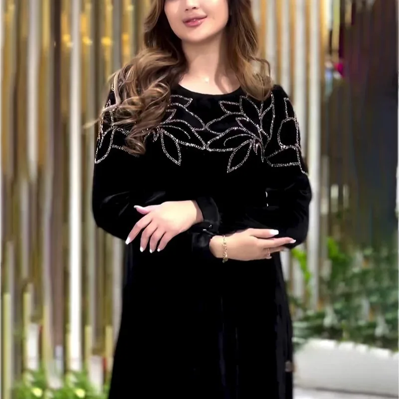 

Мусульманское вечернее платье для женщин, Абая, весенние бархатные платья с бриллиантами, пояс для Рамадана, Vestidos Largos, Дубай, халат Джалабия 2026