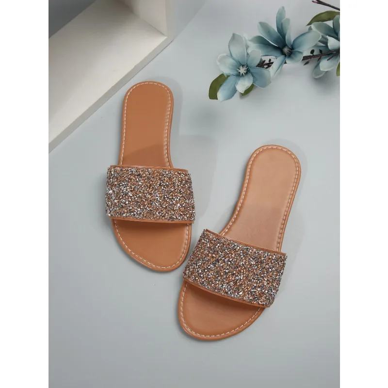 Chinelos femininos de verão glitter bling chinelo de praia plano, sandálias ao ar livre, sapatos de grife de luxo, plus size, novo, 2022