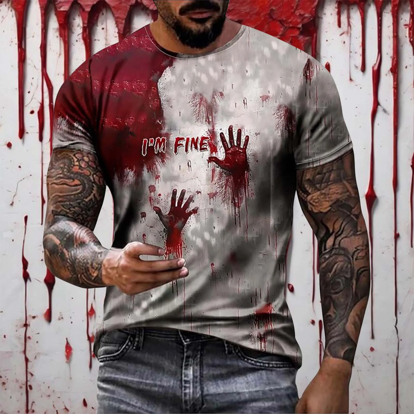 Bloody T-shirt Men's Halloween Theme Letter Printed Short Sleeve Streetwear Crew Neck Large Size Tshirts For Men Horrible Tee