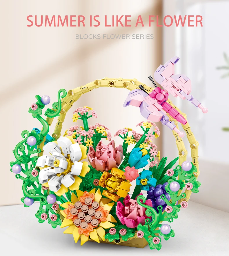 

Набор строительных блоков «Цветочная корзина»: Букет из вечных цветов с бабочками, искусственный цветочный конструктор для домашнего декора, подарок