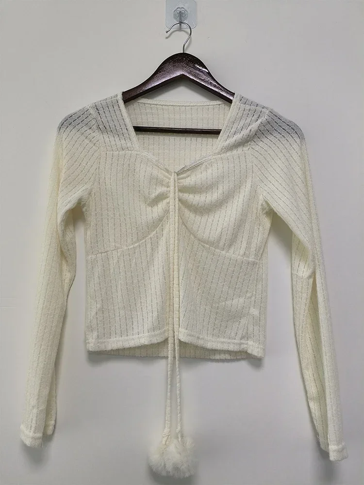 T-shirt à manches longues à lacets pour femmes, t-shirts mignons pour adolescents, haut élégant, mince, dentelle, coréen, doux, preppy, Kawaii