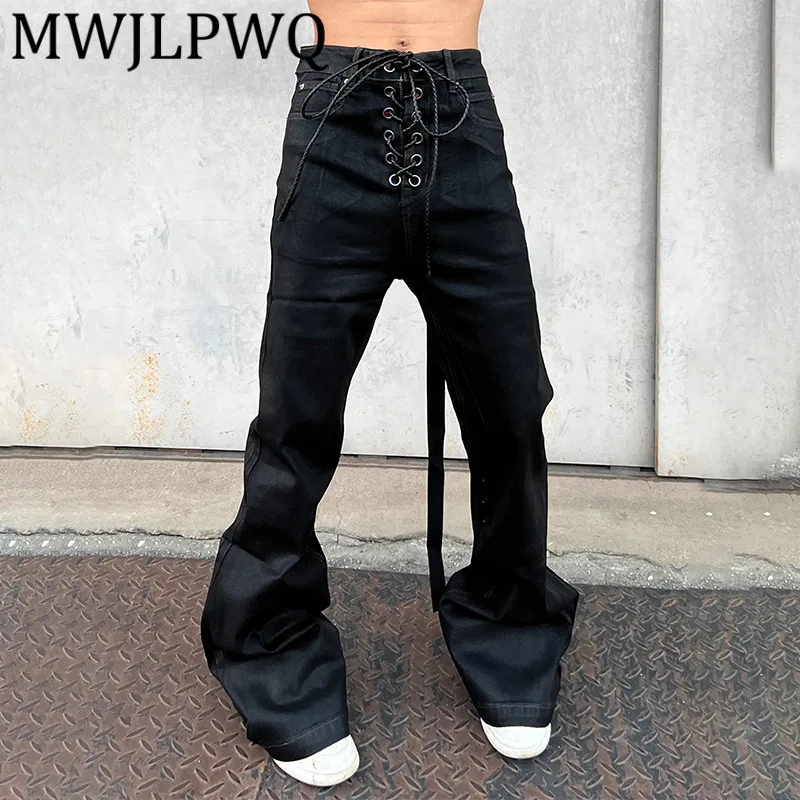 

MWJLPWQ Нишевые темные стильные черные расклешенные джинсы с матовым покрытием, мужские повседневные брюки длиной до пола с ленточным дизайном, новинка 12446