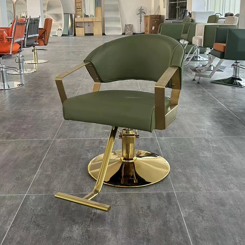2024 New Design Circular Base Green Barber Chair Basic Dimensions Beauty  Salon Chair Gold Plated Hair Styling Chairs