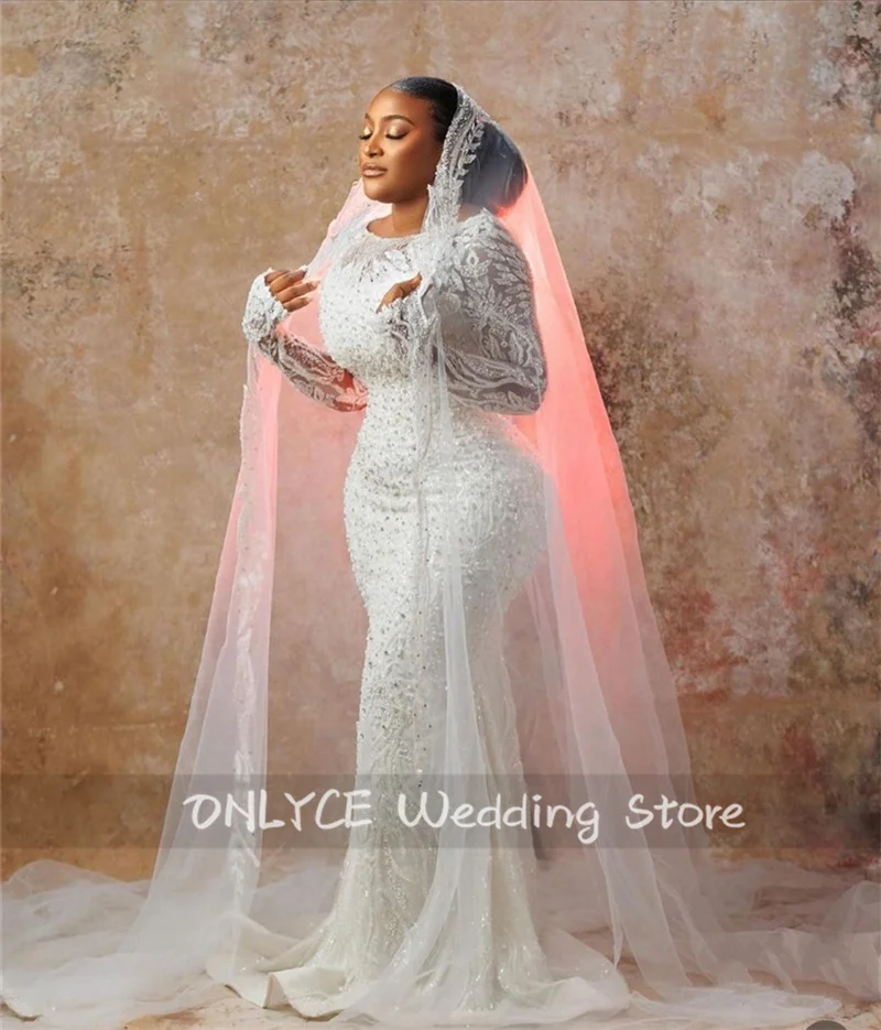 New 2024 Mermaid Wedding Dress With Veil Luxury Crystals Beaded Bridal Dress Long Sleeves Appliques Bridal Gown Lace-Up Back