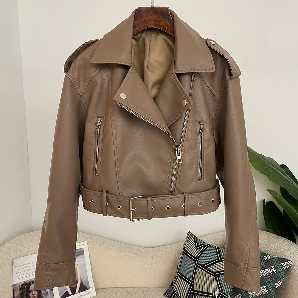Damen Frühling Herbst Leder Jacke Europäischen Amerikanischen Stil Neue Revers Kurze Modische Casual Abnehmen Gürtel Dekor PU Mantel Top