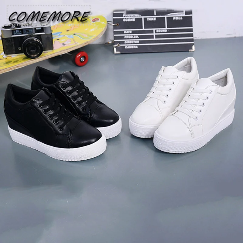 Black White Hidden Wedge Heel Casual Shoes Platform Summer Autumn Women\'s New High Heel Shoes Sneakers Female Tennis Lace-up PU