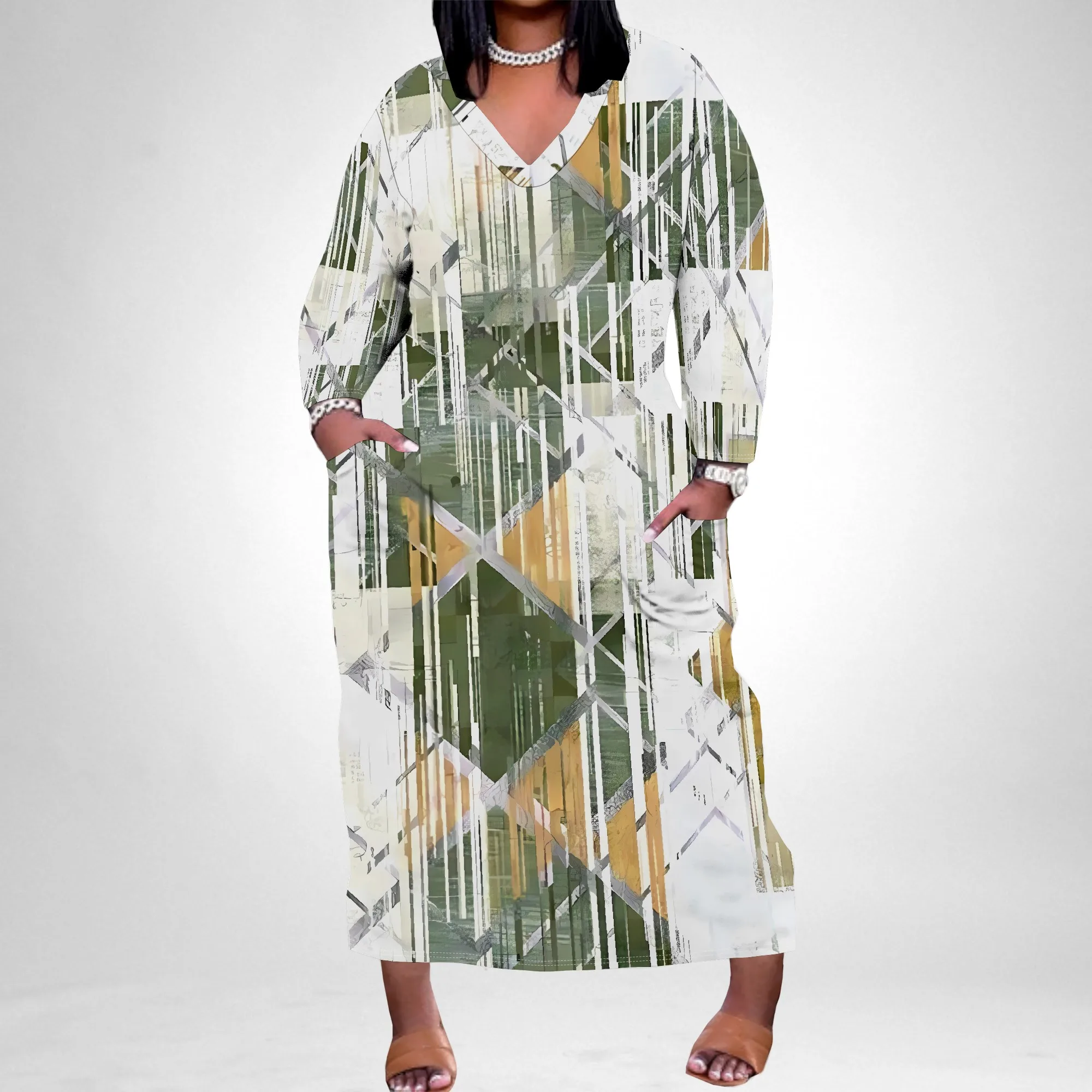 

Plus Size Geometric Grid Print V Neck Long Sleeve Maxi Dress for Women Modern Fashion
