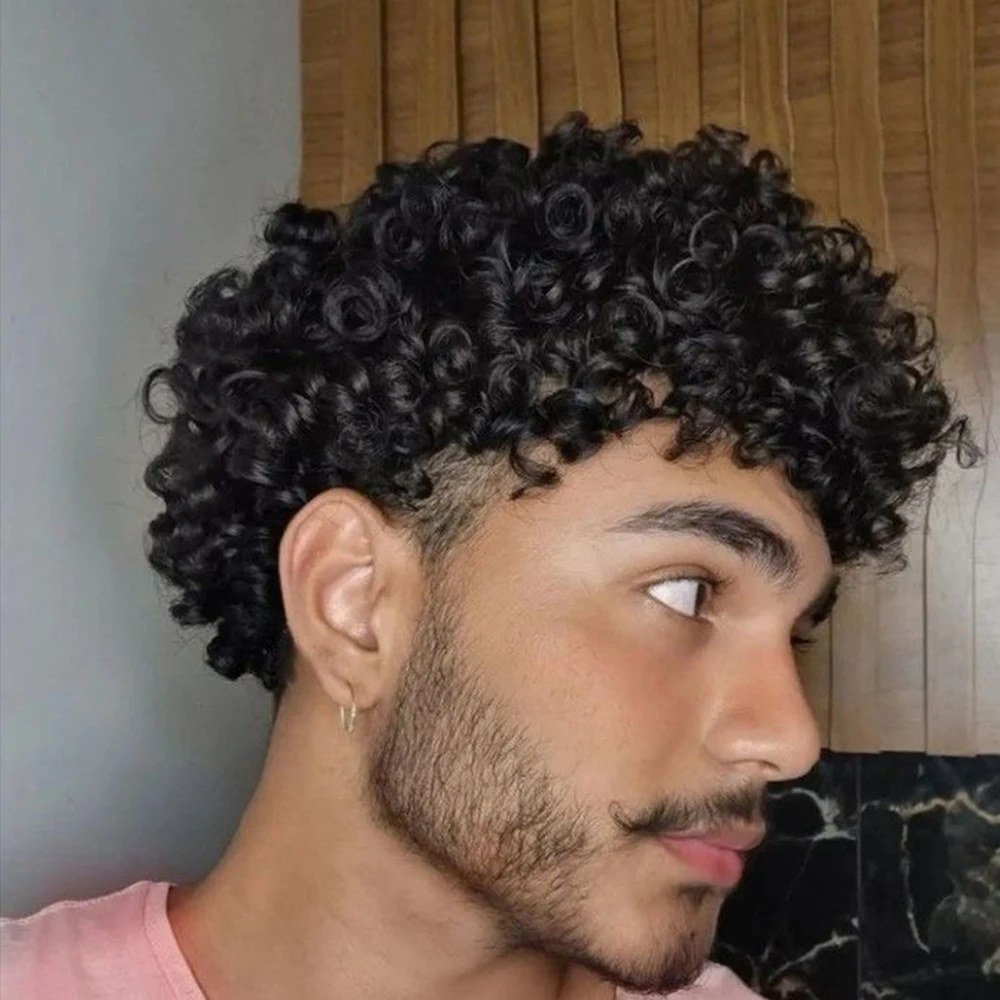 Afro 15mm Lockiges Neues Toupet für Männer, Afroamerikanische Perücken, Grau-Schwarzes Echthaar, Unsichtbares PU-Haut-Ersatzsystem, Prothese – Detail 2