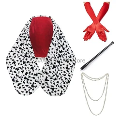 Women Cruella Deville Costume Accessories Spotted Dog Leopard Print Scarf 1920s Gloves and Holder for Cosplay Halloween Party