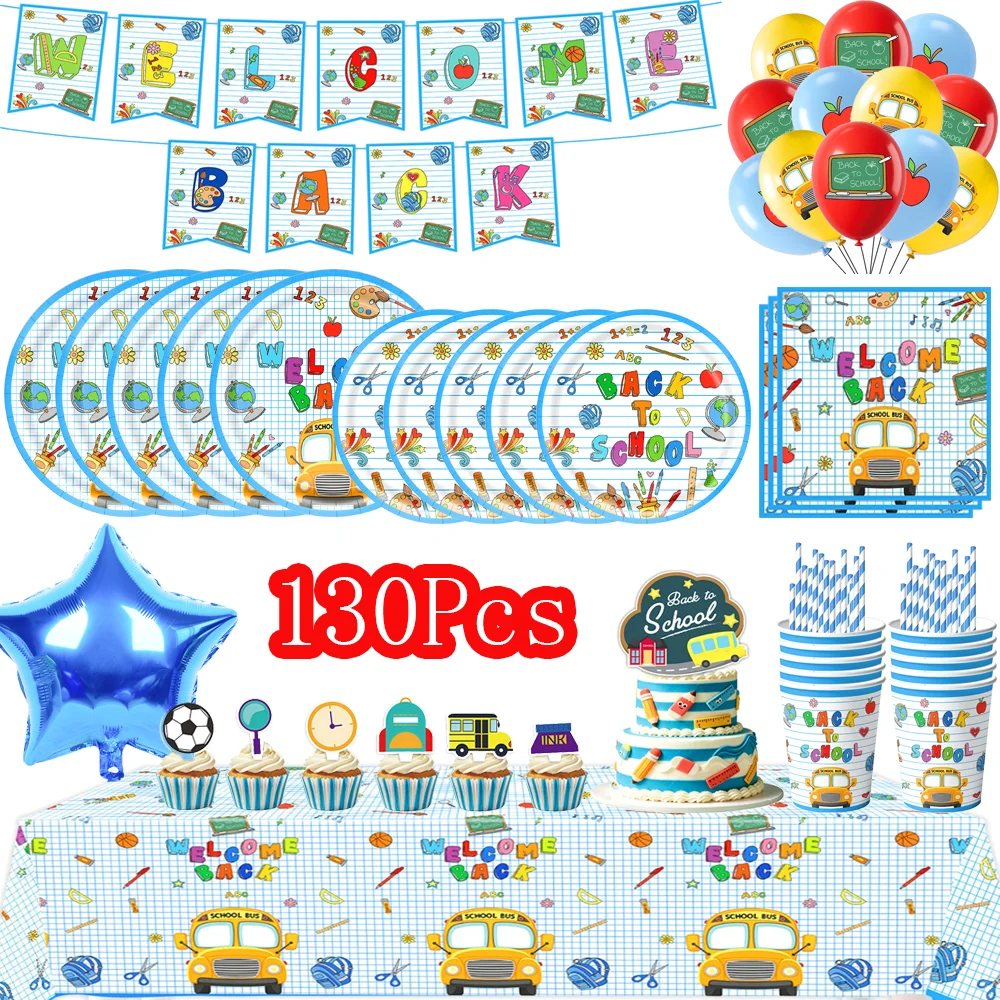Welcome Back to School Supplies Set New Term Classroom Tableware Kit with Plates Cups Napkins Banner Decoration for Boys