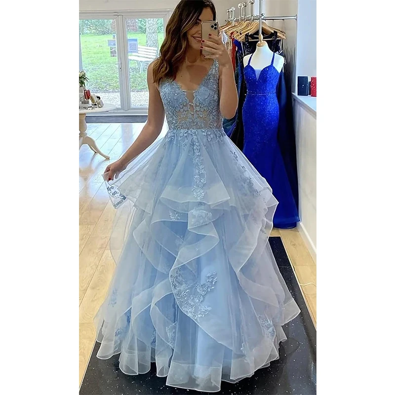 Abiti da ballo lunghi soffici in tulle Abiti da ballo principessa a strati con volant con applicazioni di pizzo Abito da sera formale Manmuxi