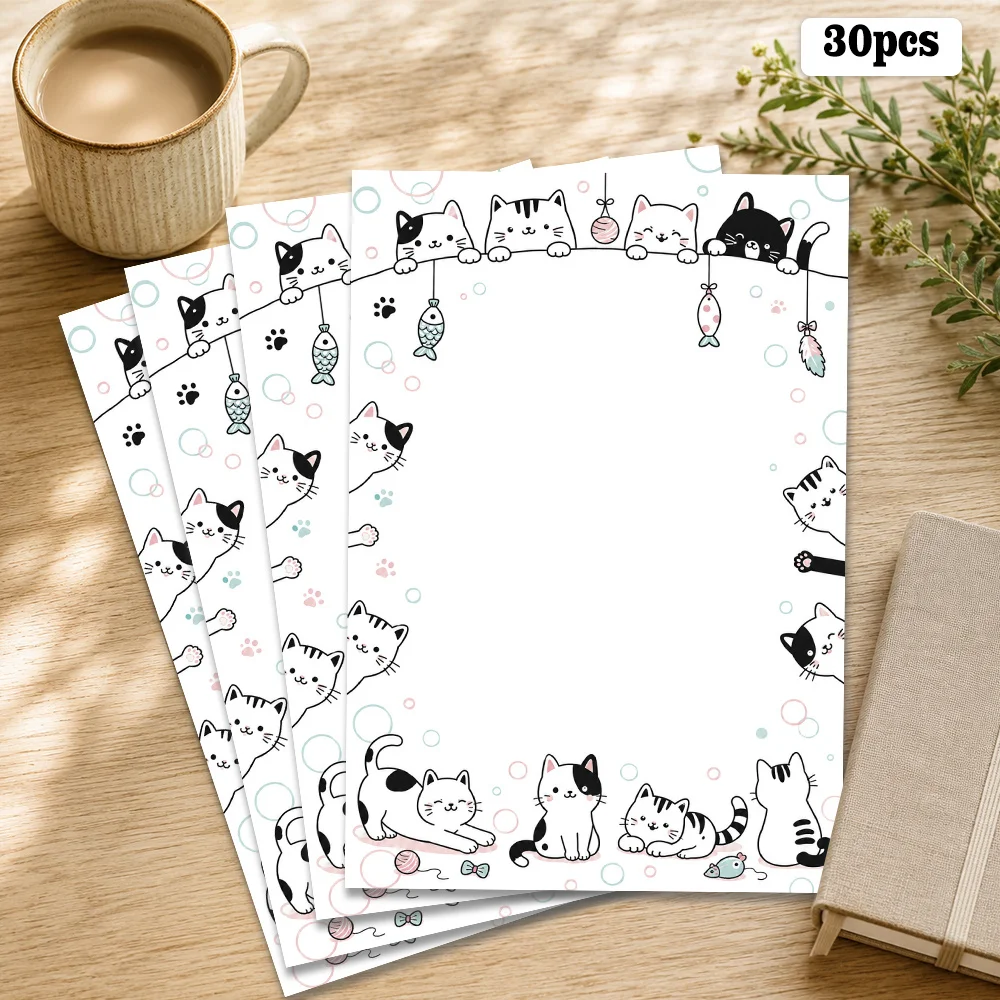 30 Sheets, B5, Black And White Cat-themed Writing Paper, Lined, No Glue, Very Suitable For Notebooks, Memos, And Stickers