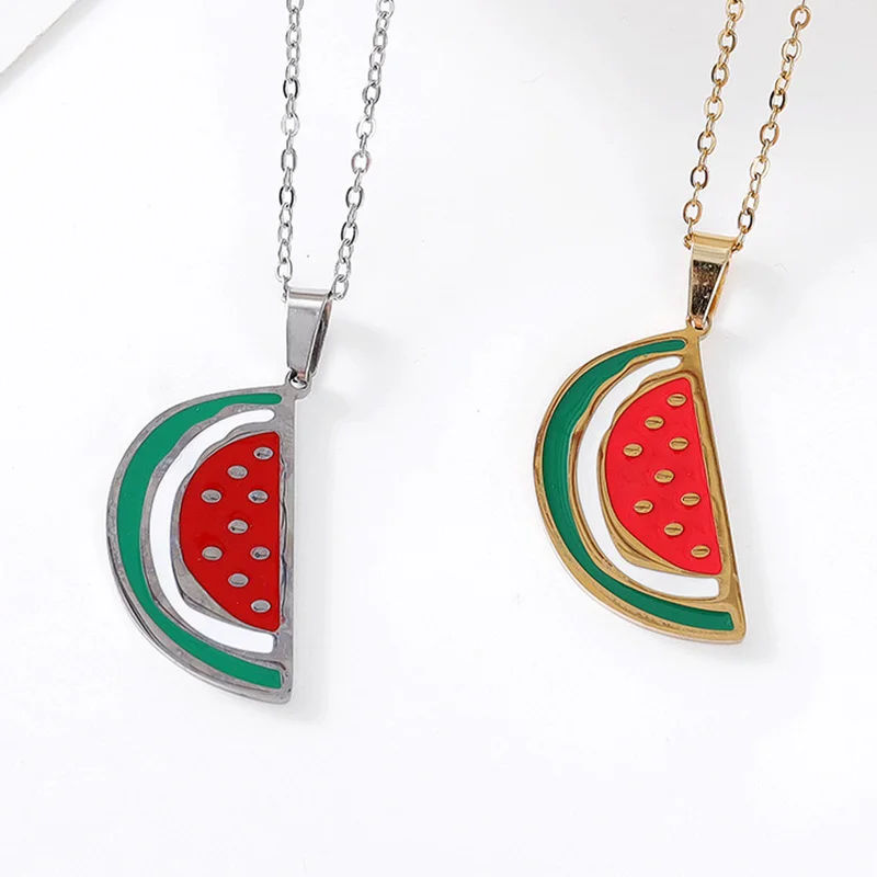 Edelstahl Emaille Wassermelone Anhänger Halskette Schmuck Charme Schmuck Geschenk Vintage für Männer Frauen