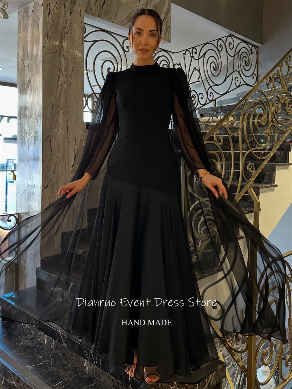 Dianruo pure manches longues robe de soirée col haut fluide haute qualité robes de soirée une ligne robes de soirée de luxe 2025 personnalisé