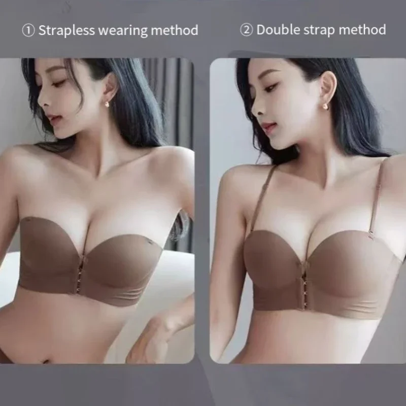 フロント閉鎖ブラジャー女性のシームレスなストラップレスのセクシーな下着女性厚いプッシュアップブラジャー目に見えないソフトランジェリー