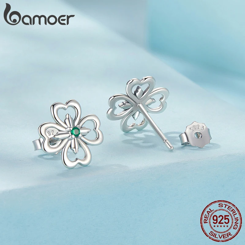 Bamoer 925 Sterling Silver Four Leaf Clover Stud Earrings Luck Spring for Women Girl Wedding Fine Jewelry Gifts