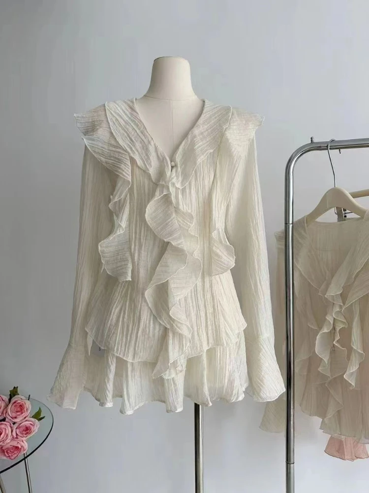 Fashion Sweet Slim V Neck 2 Piece Set Women Elegant Flounce Long Sleeve Wrinkle Top Female + Design Elastic Waist A Line Dress