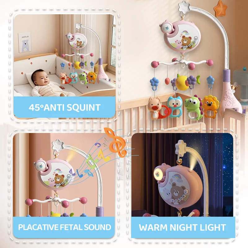 Zabawki do zawieszenia na łóżeczku dziecięcym, z grzechotkami i różnymi ozdobami do zawieszenia, wspomagają rozwój wzrokowy i słuchowy dziecka.