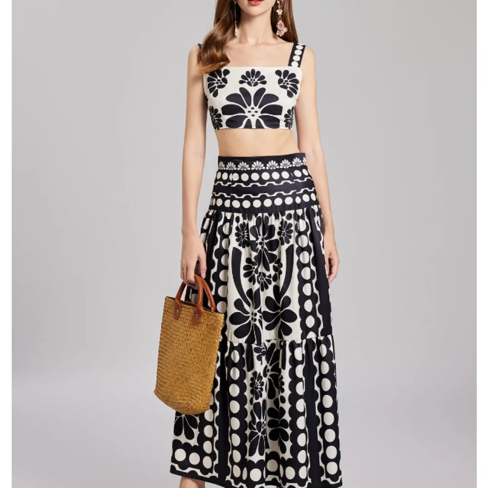 Chic Print Women Two-Piece Sets Sexy Short Straps Top and High Waist Slim A-line Skirt Korean Fashion Streetwear Summer Clothing