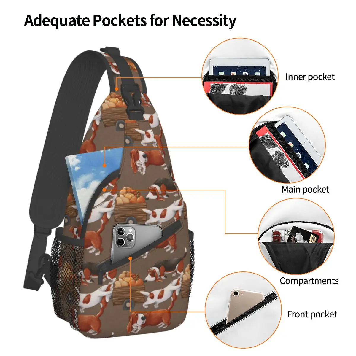 Autumn Fall Basset Hound Dog Sling Bags Chest Crossbody Shoulder Backpack Hiking Travel Daypacks Printed Bag