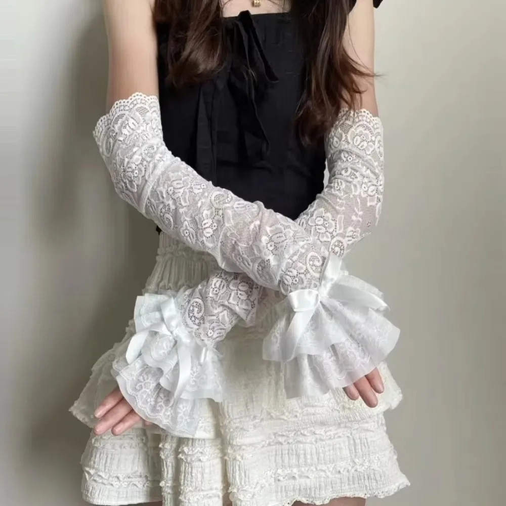 1 Pair Women's Sunproof Hollow Out Lace Fingerless Gloves Y2K Bridal Elastic Wrist Mittens UV Long Sleeve Fashion Elegant Gloves