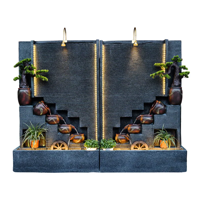 Large flowing fountain water curtain wall screen company feng shui wheel ornament water feature hotel decoration