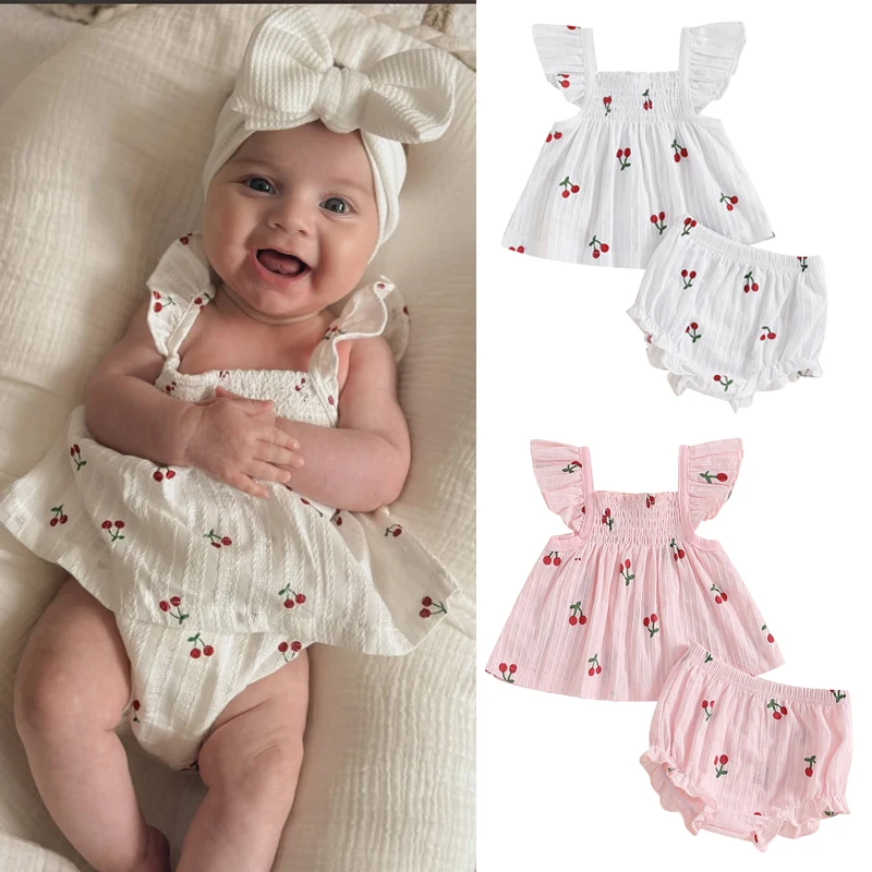 FOCUSNORM 0-24M Lovely Baby Girls Clothes Set Fruit Print Smocked Fly Sleeve Babydoll Dress Tops Elastic Waist Ruffle Shorts