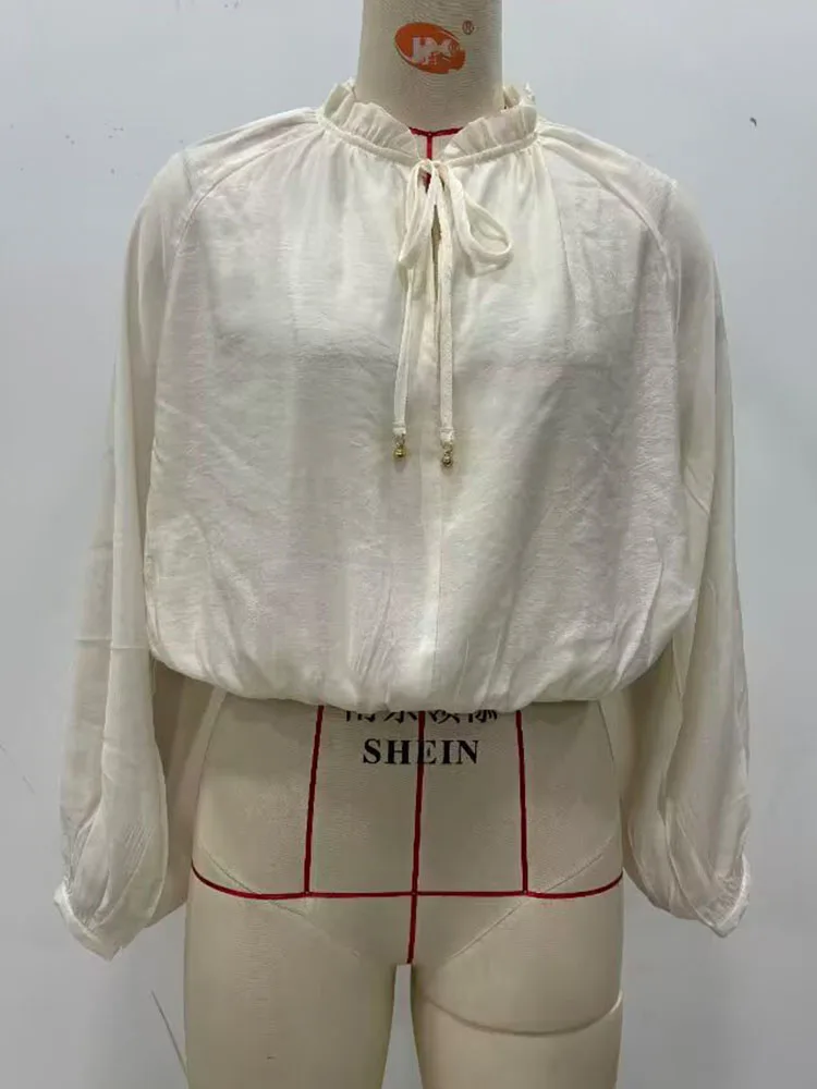 HH, moda de otoño para mujer, dulce manga de burbuja, camisa semitranslúcida, temperamento femenino, camisa holgada de tela Tencel Simple