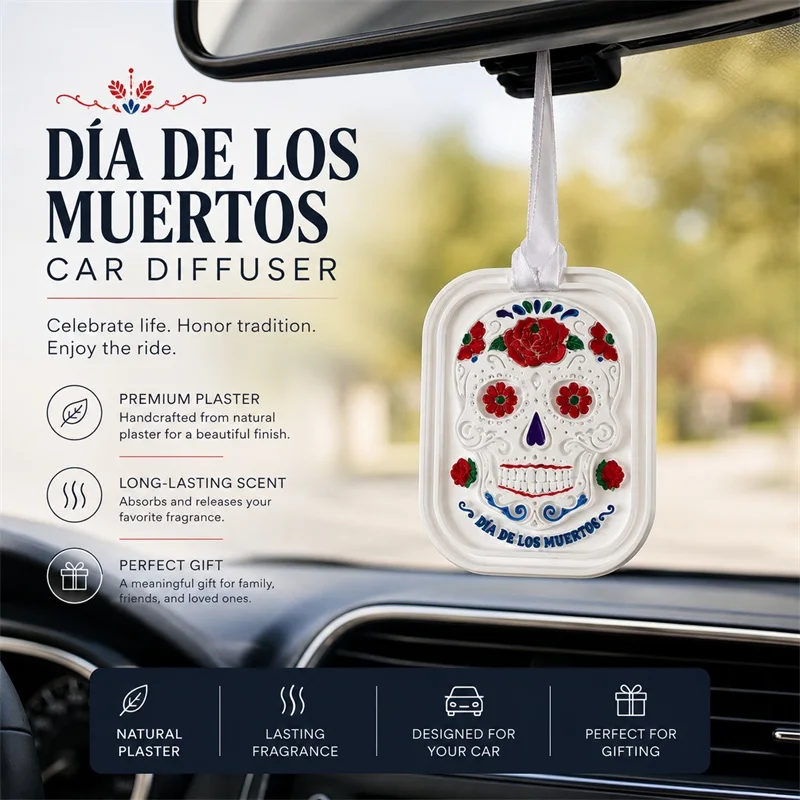 Sugar Skull Día de los Muertos Car Diffuser Handmade Plaster Air Freshener Essential Oil Aromatherapy Hanging Ornament Gift