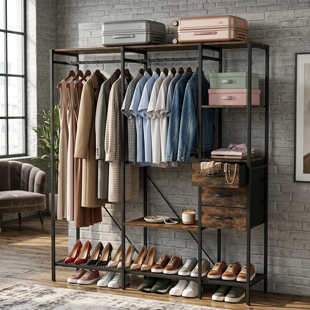 Freestanding Clothes Rack with 3 Fabric Drawers, Industrial Open Wardrobe Closet Organizer with Hanging Rails and Storage Shelves, Metal Frame, 59.5