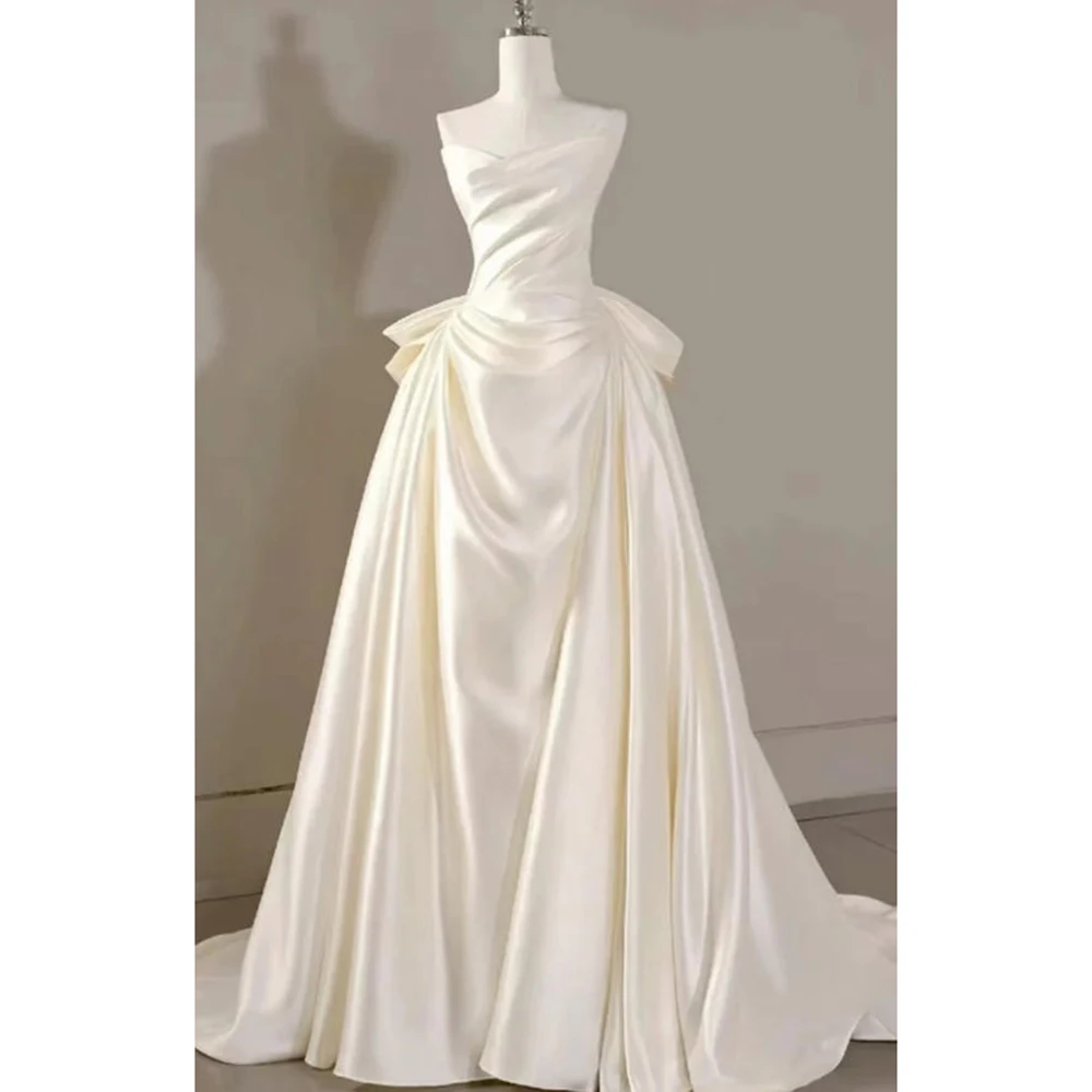 Satin Off-the-Shoulder Wedding Dress Women Elegant Ruched Bowknot Ball Gown Bridal Gown with Train Formal Evening Party Dress