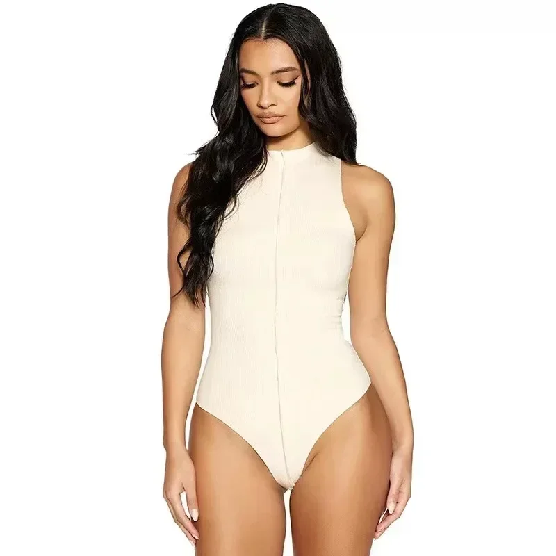 YUZHEXI O Neck Bodycon Tank Bodysuit Women Casual Sleeveless Slim-fit Fashion One-piece Rompers Tops Body Suit Orange