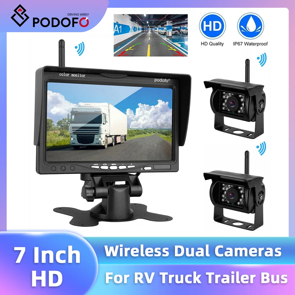 Podofo 7'' TFT LCD Car Monitor Dashboard Wireless IR Night Vision IP67 Waterproof Rearview Reverse Camera Dash Cam 2 Video Input