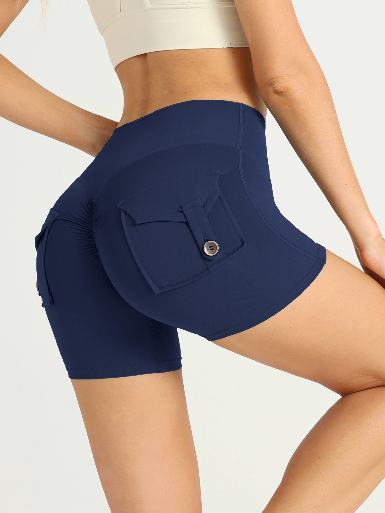 Summer Women Sport Shorts High Waist Pleated Hip Lift Pocket Design Breathable Comfortable Running Cycling Leisure Yoga Shorts