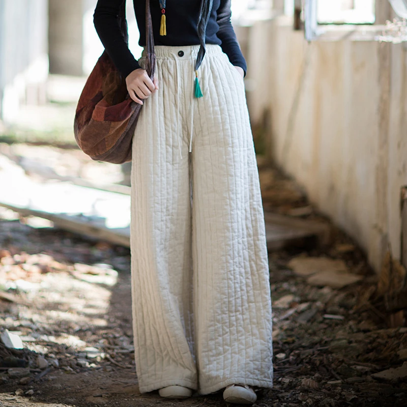Épais chaud coton lin pantalons décontractés femmes nouveauté 2025 hiver Style Vintage couleur unie ample femme jambe large pantalon M2079