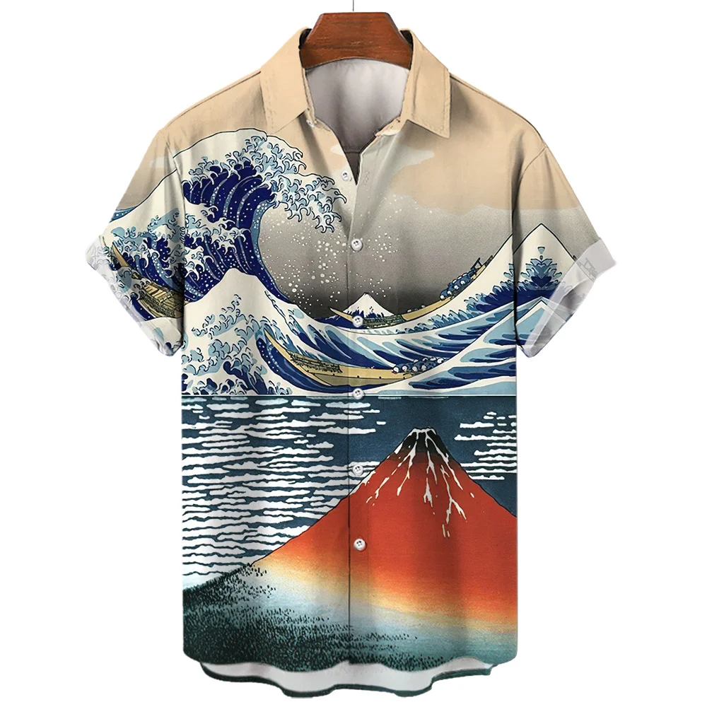 

Ocean Y2K Vintage Men'S Lapel Social 3d Casual Hawaiian Fashion Shirt For Man Street Short Sleeves Male Clothes Camisas Casuais