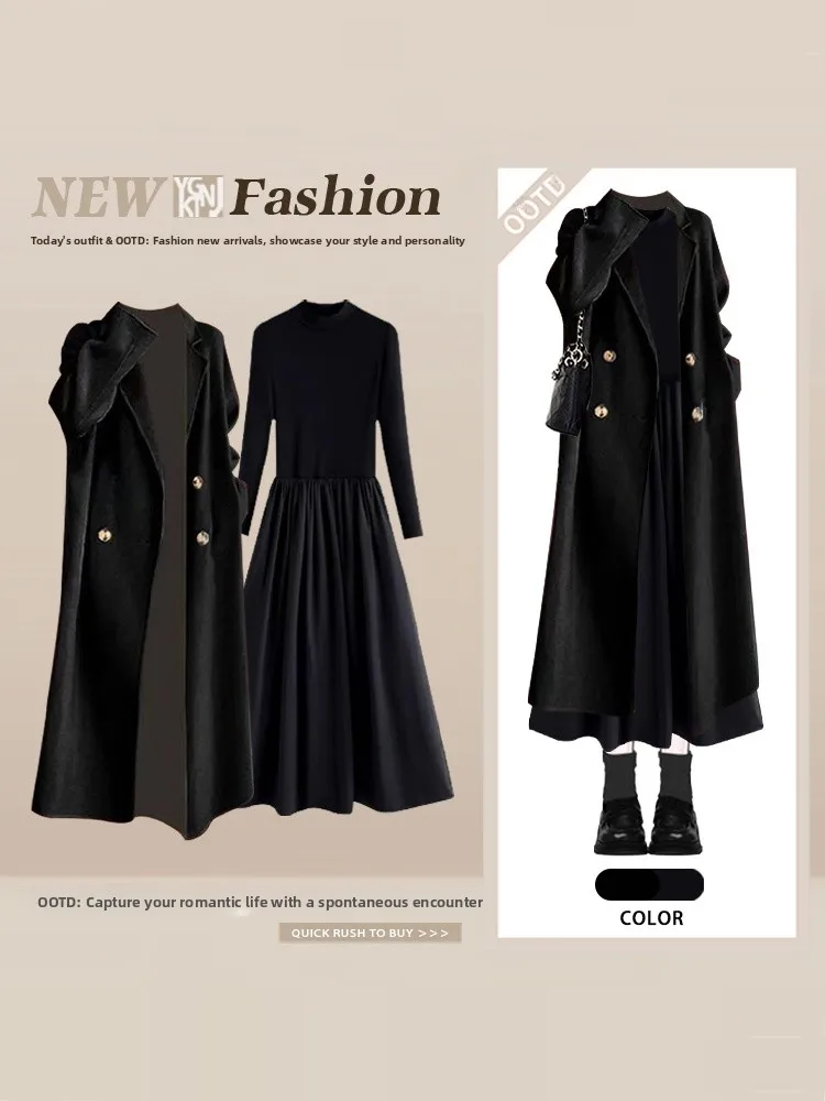 

Fashionable Minimalist Black Double-Breasted Coat Dress Set Long Sleeve Winter Outfit Elegant Style Women's Two-Piece Set