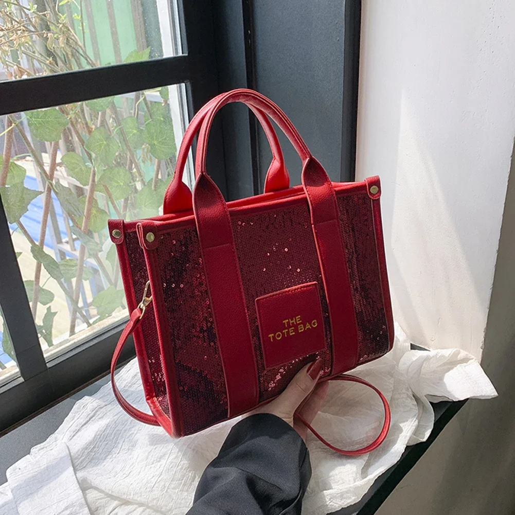 Women Party Tote Bag PU Leather Sequins Top-Handle Bags Casual Fashion Shiny Portable Adjustable Straps Shopper Tote Purse