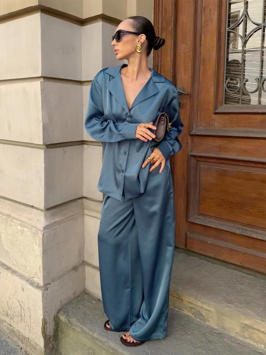 Bornladies Women's Satin Two-piece Shirt and Wide Leg Pants Set Suitable for Elegant and Loose Daily Street Vacations for Women