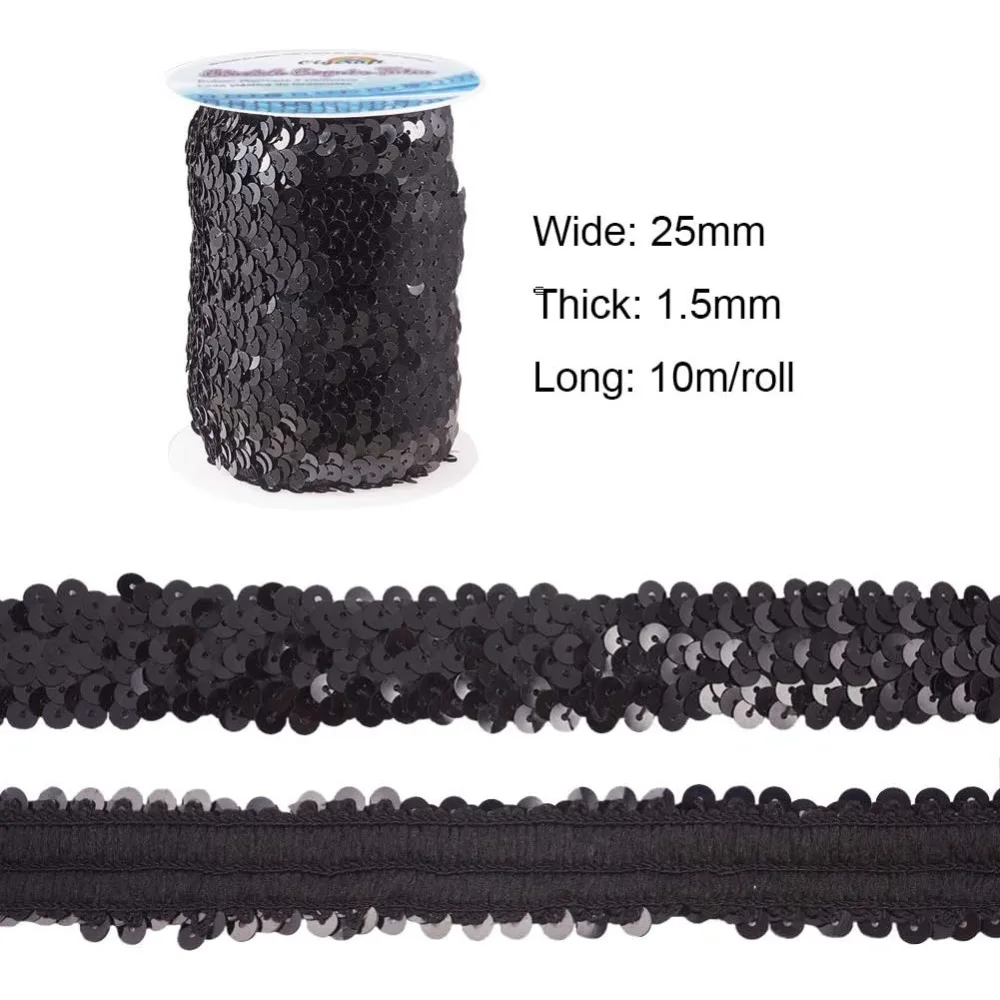 11-Yard 1 Inch Elastic Sequin Trim Metallic Black Stretch Sequin Trim 3-Row Fabric Paillette Ribbon Trim for Dress Embellish